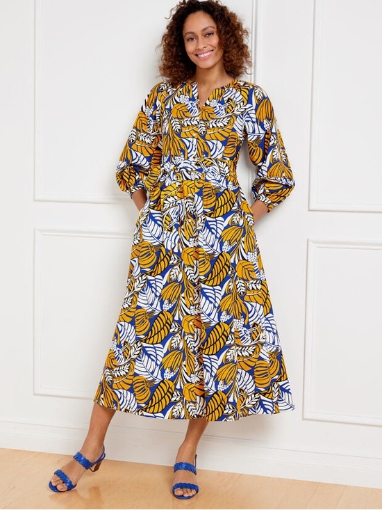 Talbots Dresses & Skirts - Talbots Leaf Print Tie Waist Midi Dress Women’s Size 12 Blue Yellow 3/4 Sleeve